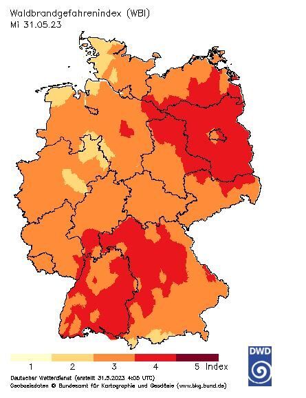 Beispielkarte des Waldbrandgefahrenindex in Deutschland mit fünf Gefahrenstufen