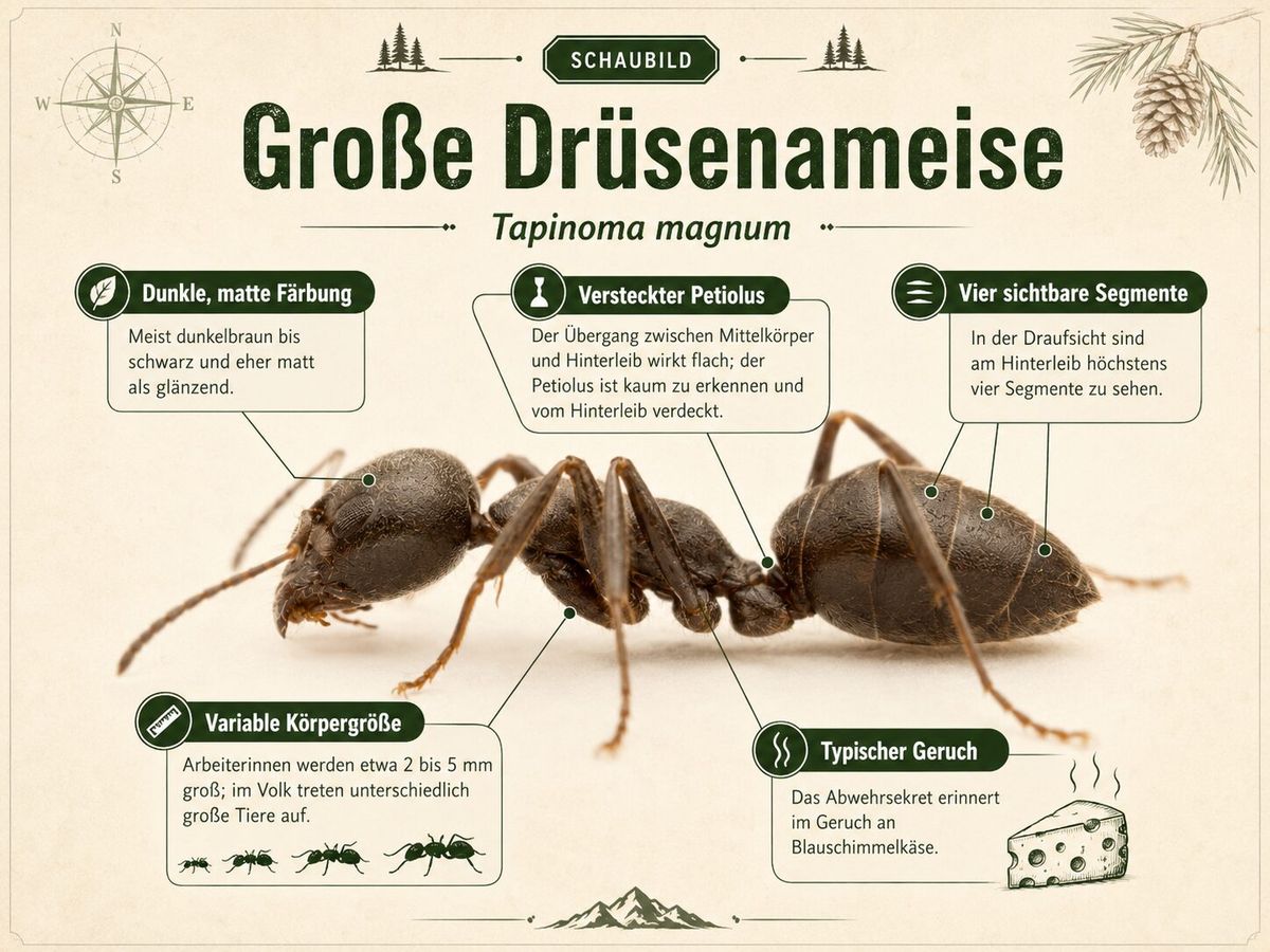 Schaubild mit den Erkennungsmerkmalen der Großen Drüsenameise Tapinoma magnum