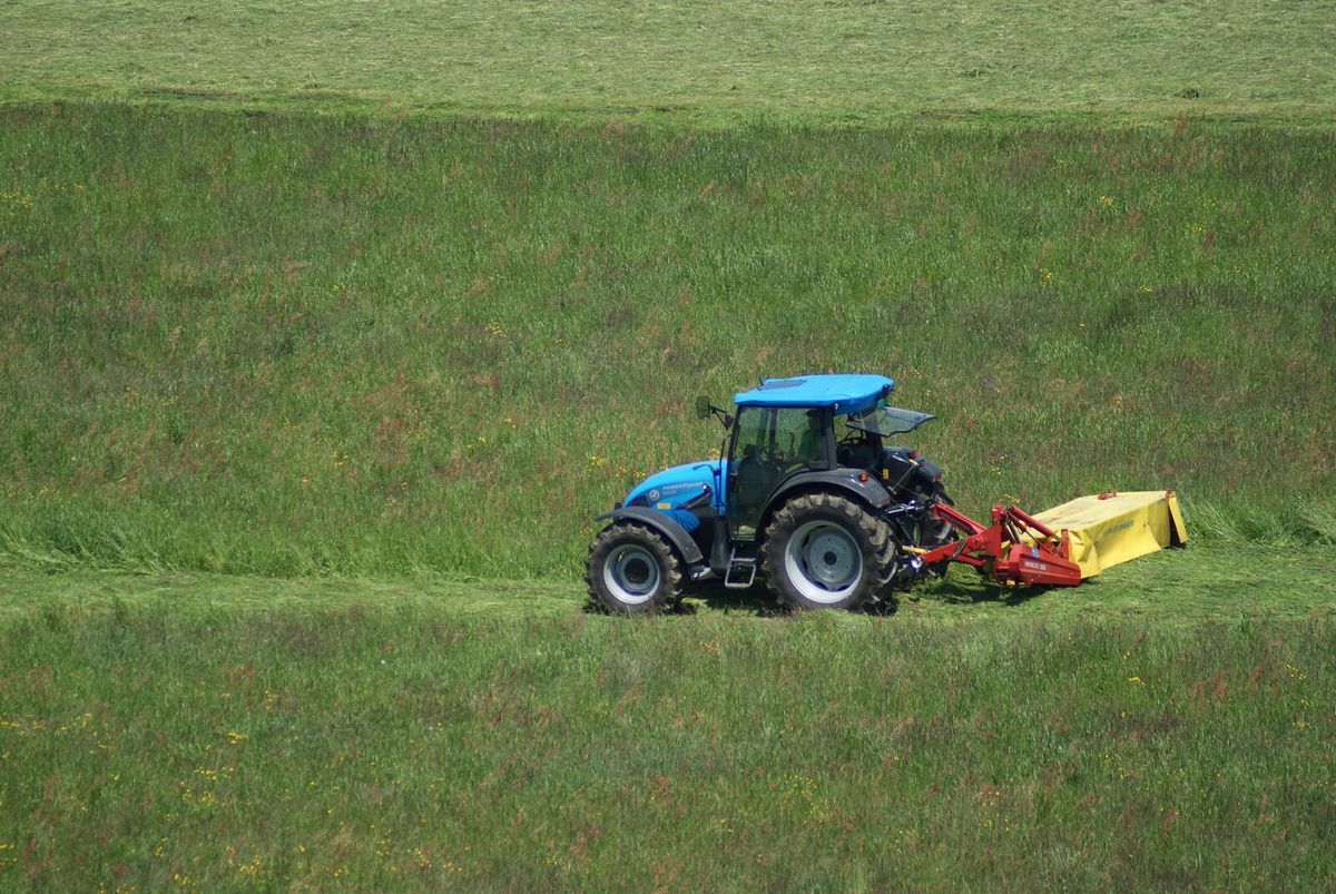 Traktor mit Kreiselmähwerk mäht eine Wiese