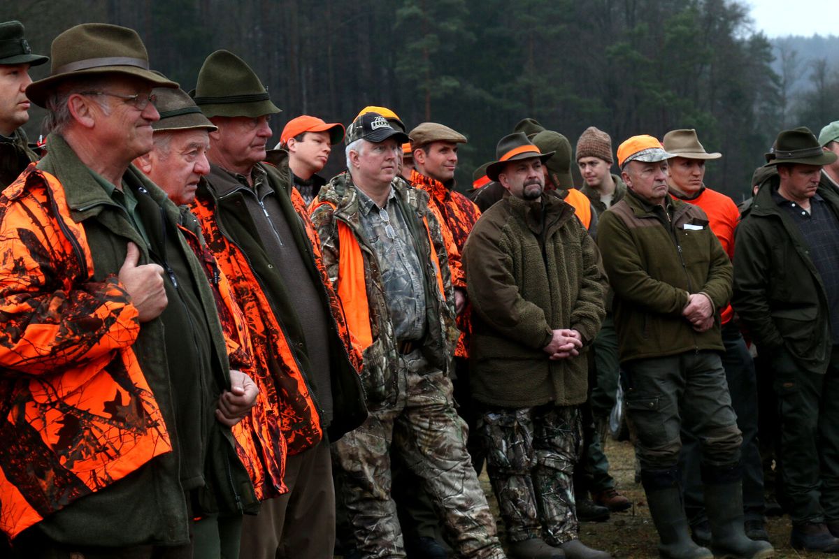 Gruppe von Jägerinnen und Jägern in Signalorange steht bei einer Ansprache am Waldrand zusammen
