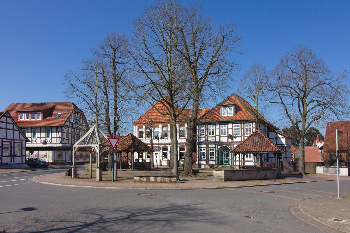 Ortsblick auf Liebenau in Niedersachsen mit Wohnhäusern und Straßenzug
