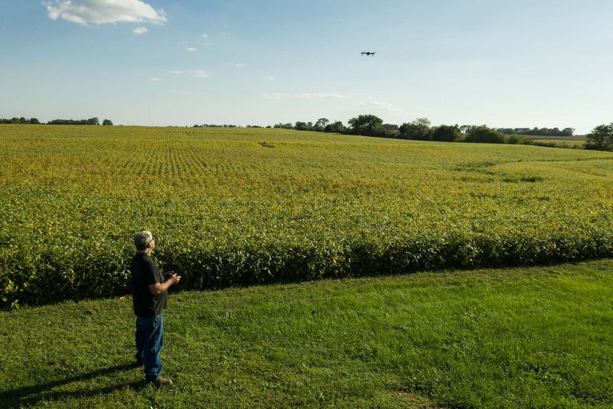 Person steuert eine Drohne über einem landwirtschaftlichen Feld