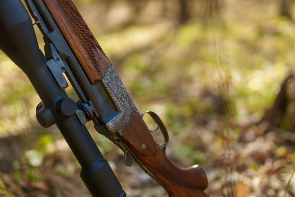 Detailansicht einer gekippten Flinte mit Holzschaft vor unscharfem Naturhintergrund.