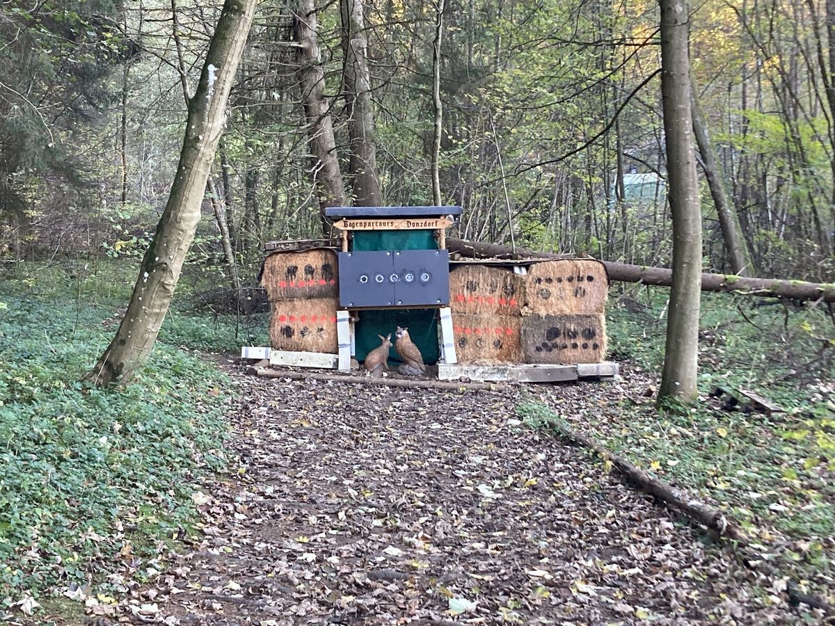 Einschießplatz eines Bogenparcours mit Zielscheiben und Abschusslinie auf einer Wiese