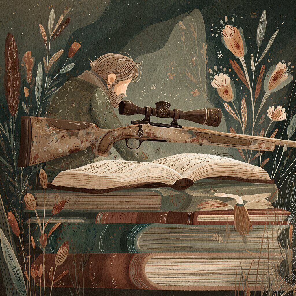 Illustration mit Jagdwaffe, Lernmaterial und jagdlicher Ausrüstung
