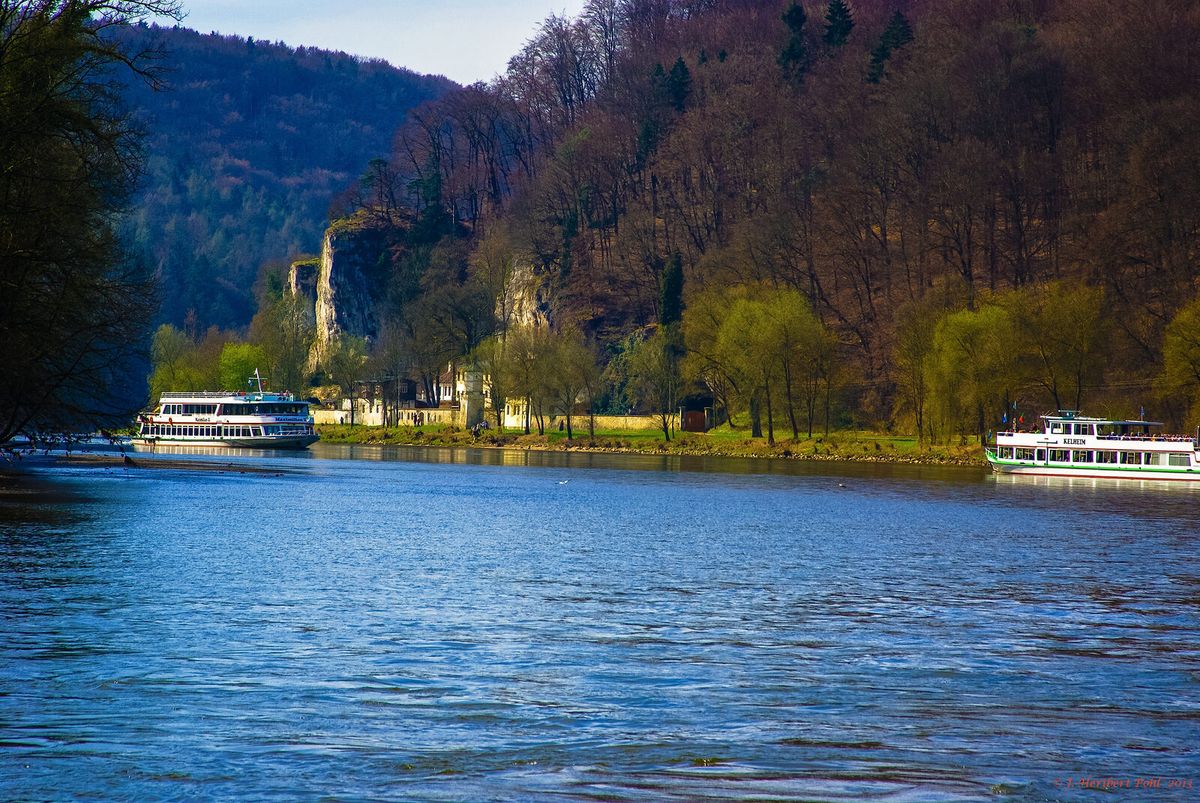 Die Donau windet sich im Donaudurchbruch zwischen bewaldeten Felsen bei Weltenburg und Kelheim