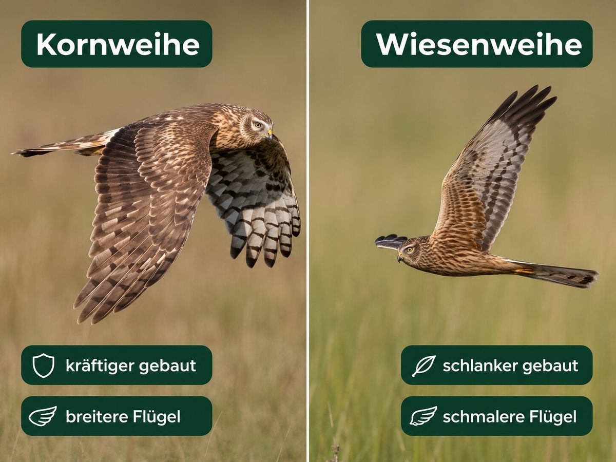 Vergleichsgrafik Kornweihe gegen Wiesenweihe: Kornweihe kräftiger mit breiteren Flügeln, Wiesenweihe schlanker mit schmaleren Flügeln