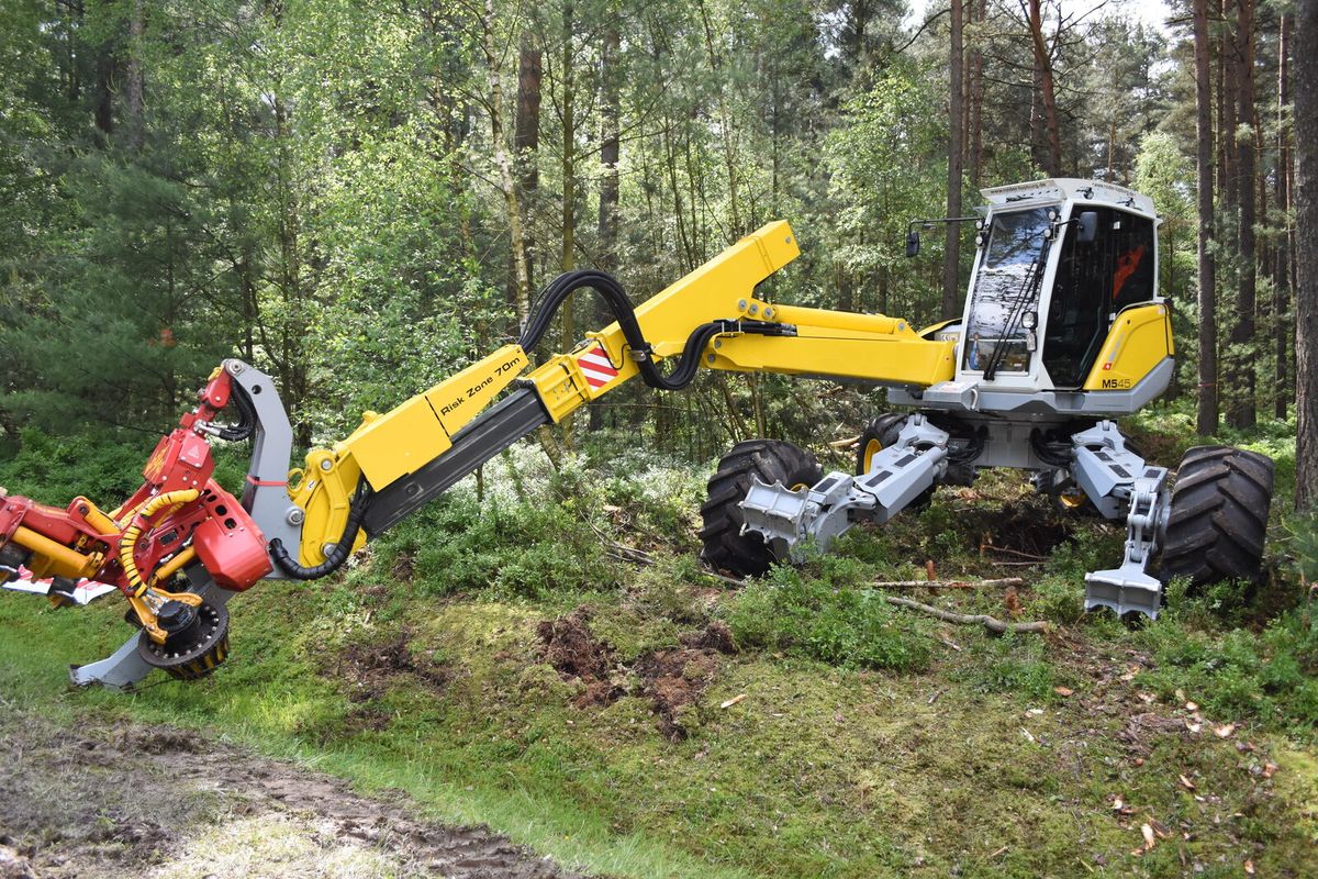 Schreitbagger mit Harvesteraggregat im Waldeinsatz