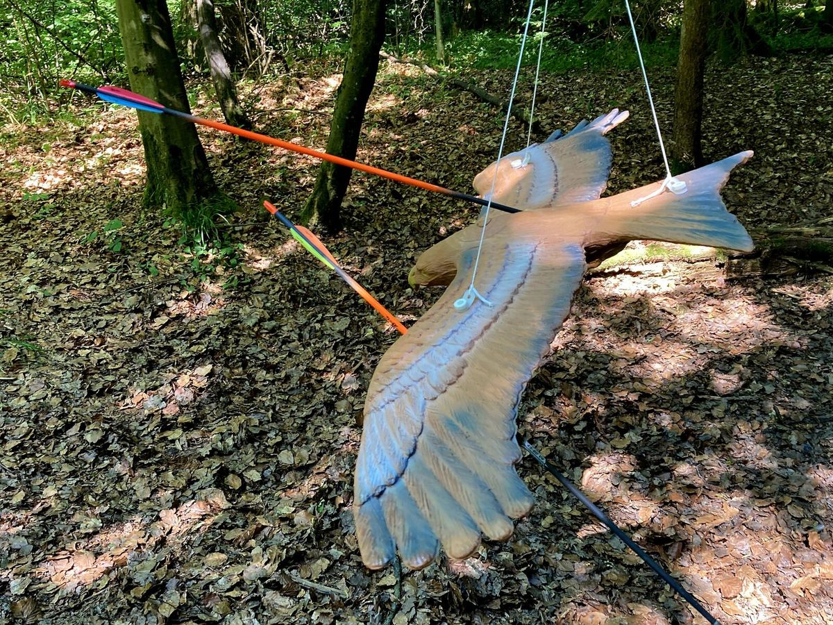 Vogelattrappe als 3D-Ziel, frei an einem Seil zwischen Bäumen aufgehängt