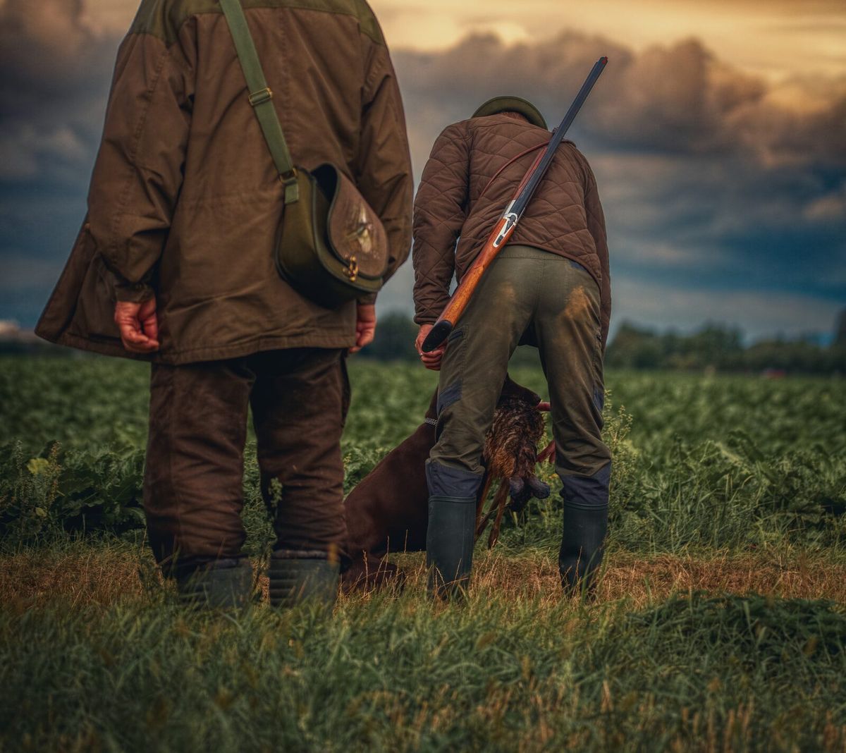 Jäger mit geschulterter Flinte beugt sich im Feld zu einem sitzenden braunen Jagdhund und nimmt ihm ein nasses Stück Haarwild ab, daneben steht ein zweiter Jäger