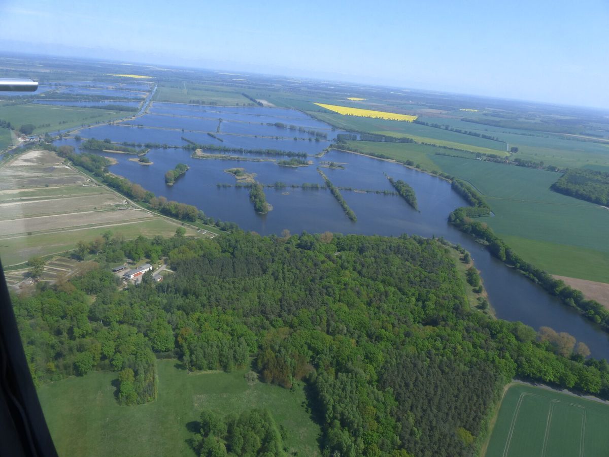 Luftaufnahme der Lewitz mit Wiesen, Teichen und Waldstücken