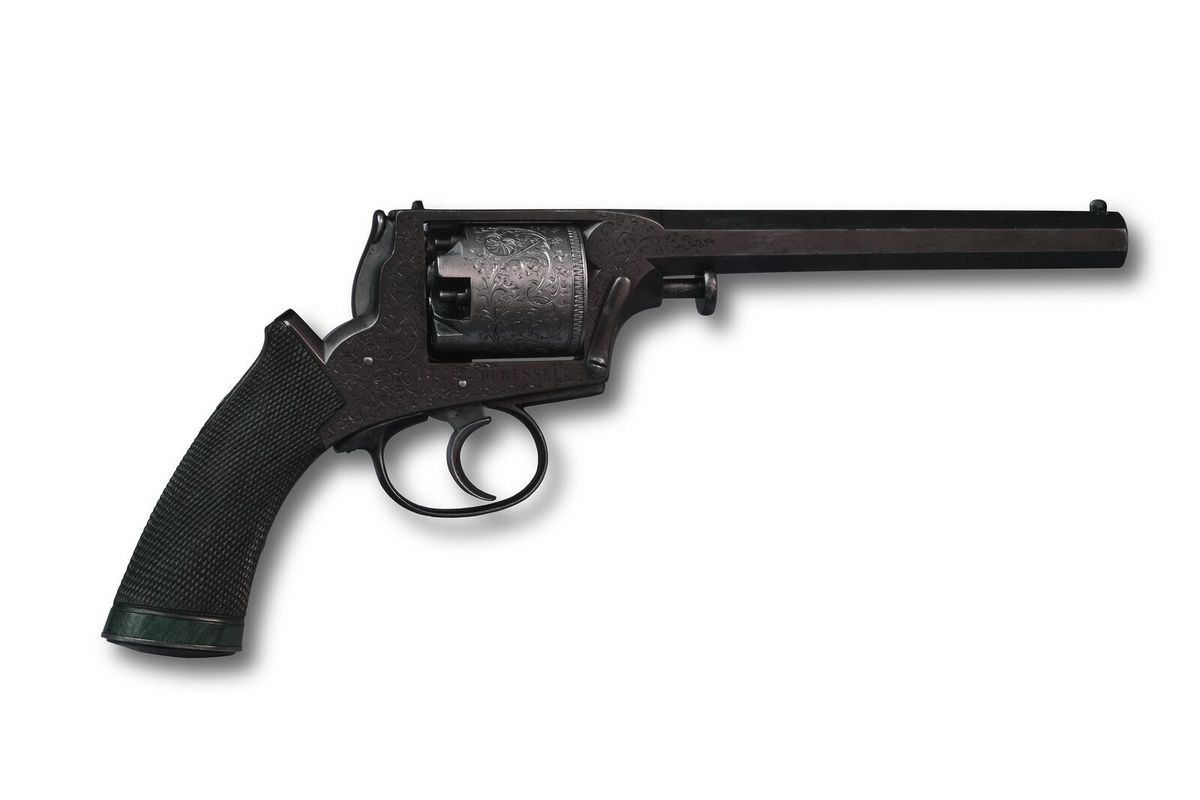 Historischer Perkussionsrevolver nach dem System Adams mit graviertem Rahmen